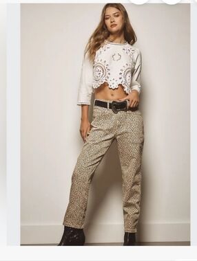 Anthropologie Beige Leopard Print Straight Jeans